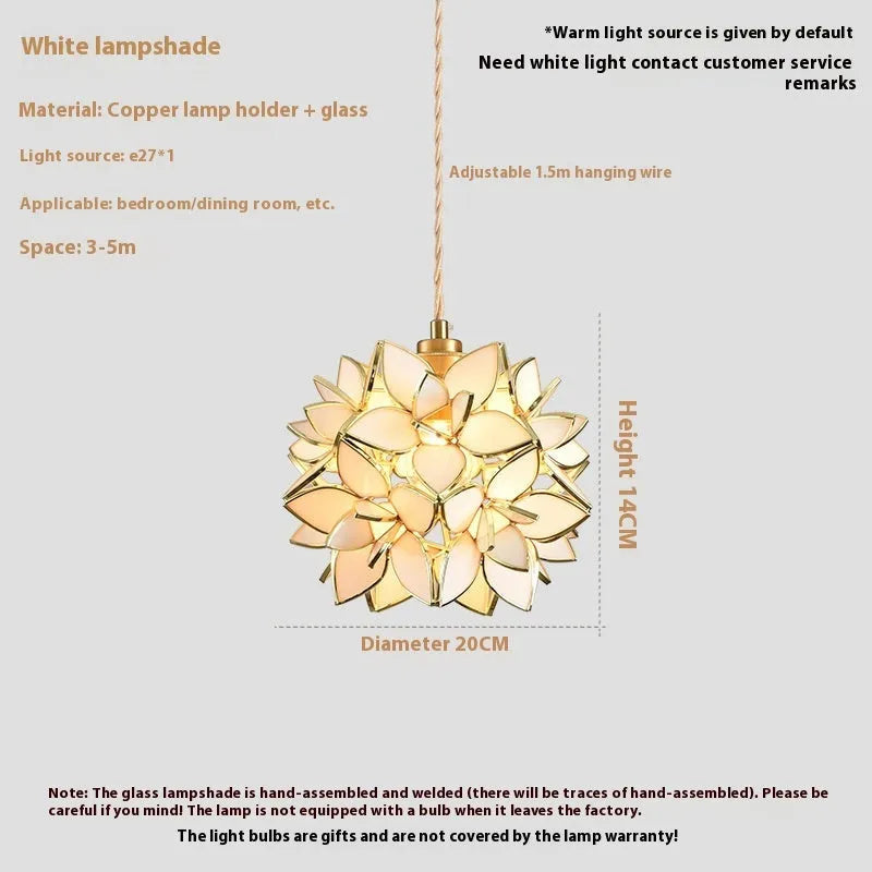 Stained glass hanging chandelier with copper fitting, shown in one of its blue, orange, pink, white or transparent colour options.