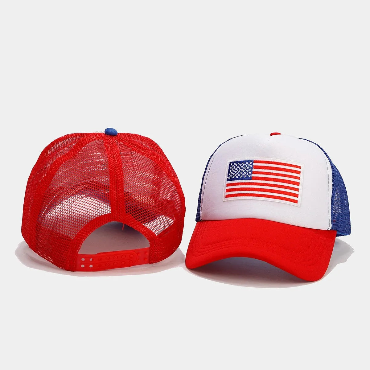 Red and blue contrasting breathable mesh baseball cap with adjustable strap on a dome crown.