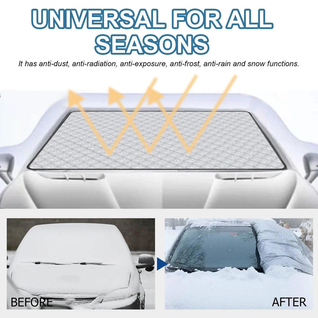 Car windshield snow cover made of silver aluminium film and nylon, size 140cm by 95cm.