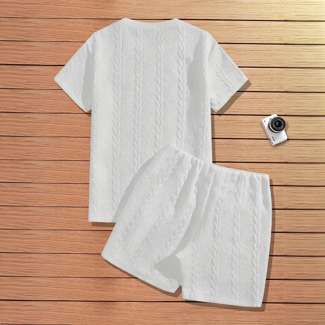 Men's black sports two-piece set with ribbed short sleeve top and matching shorts