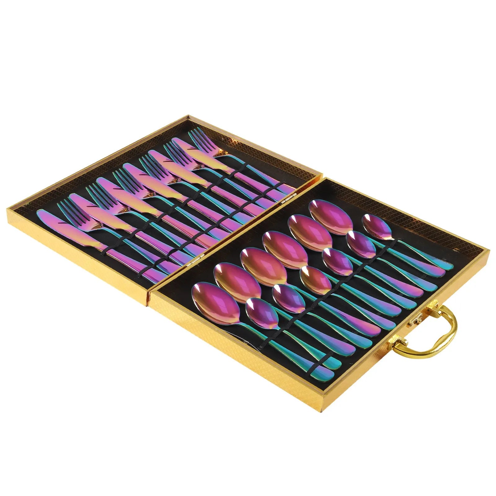 24 piece stainless steel cutlery set showing knives, forks and spoons in various colour finishes with one-piece moulding construction