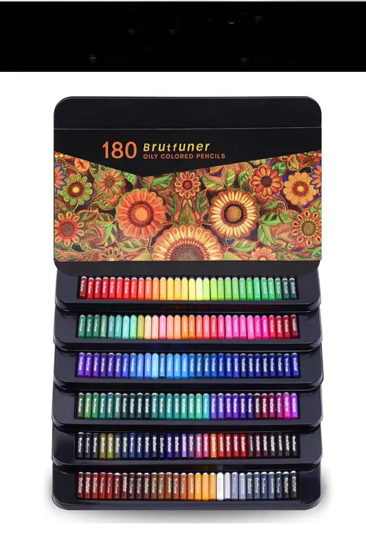 180 oily colour pencils in rainbow colours presented in a metal tin box with wooden barrels
