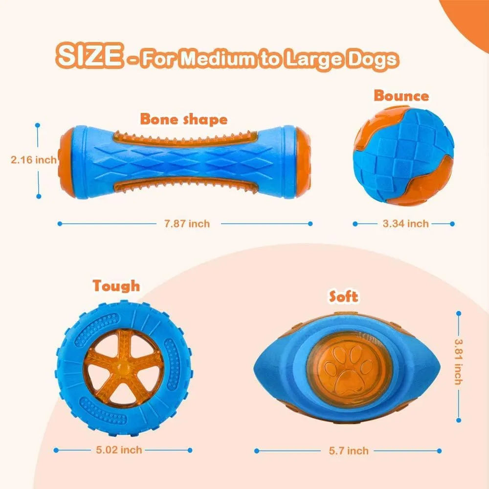 Set of three floating TPR dog toys: a red squeaky ball, a blue squeaky barbell, and an orange squeaky tire on a blue background.