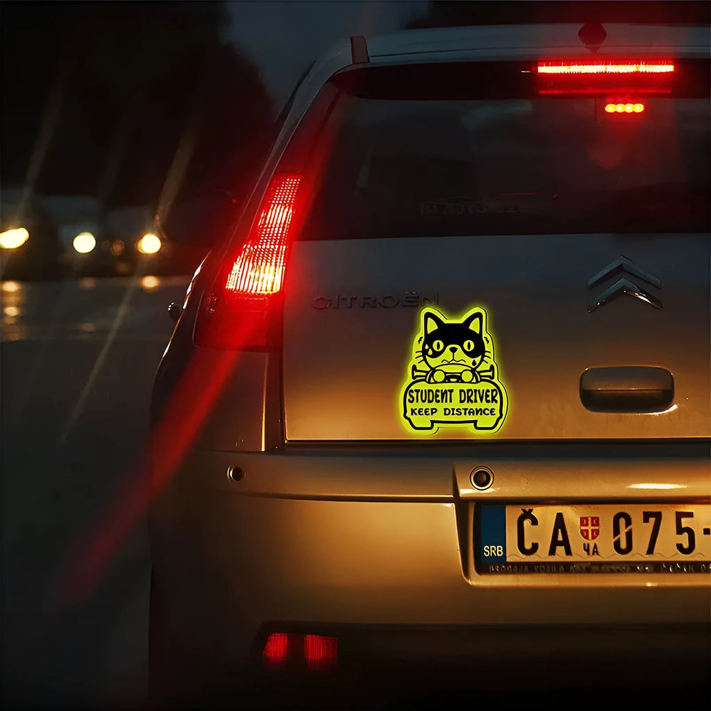 Set of three reflective magnetic stickers showing cat, panda, and duck designs on a metal surface.