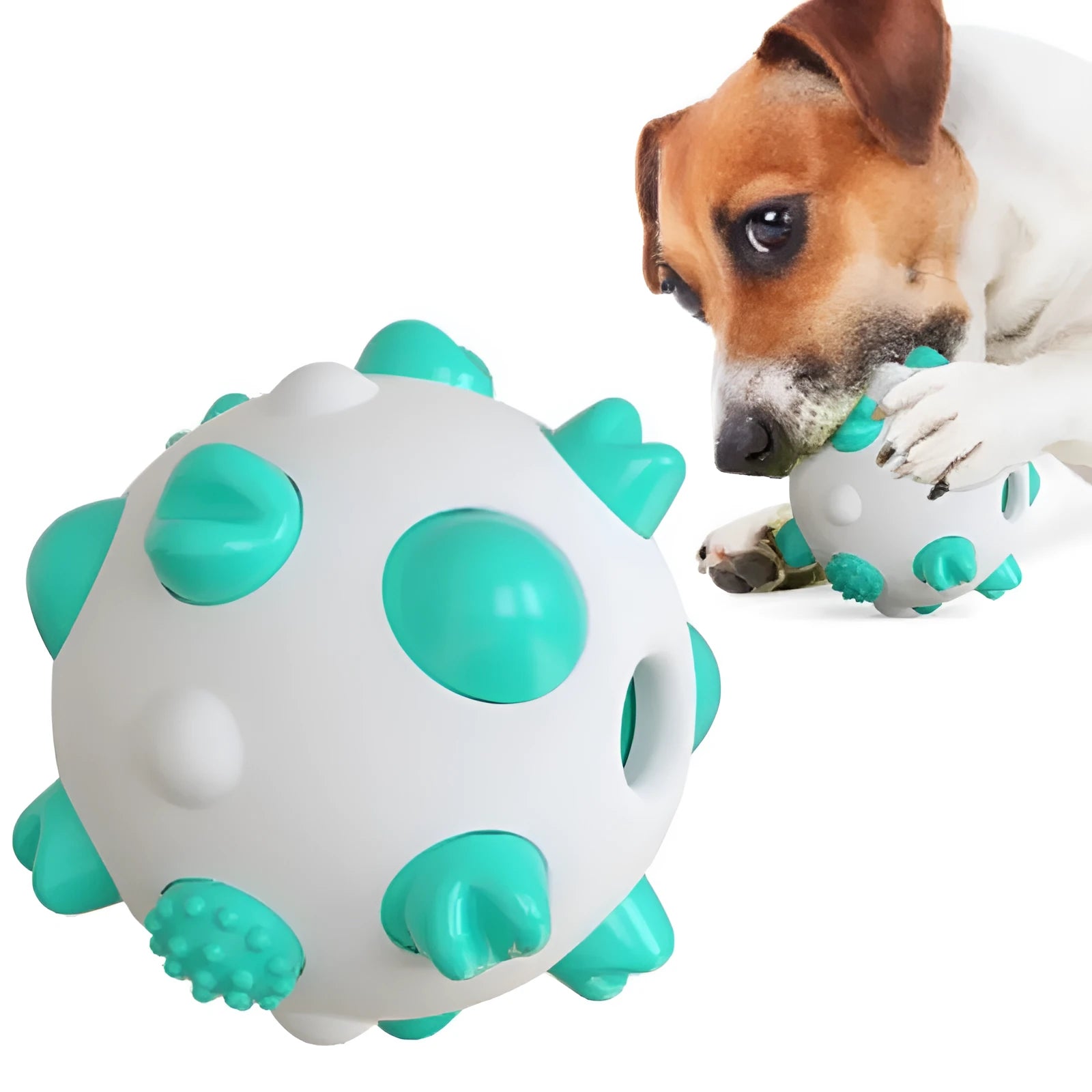 Blue, green, and yellow dog teething chew ball with serrated bumps and hollow centre.