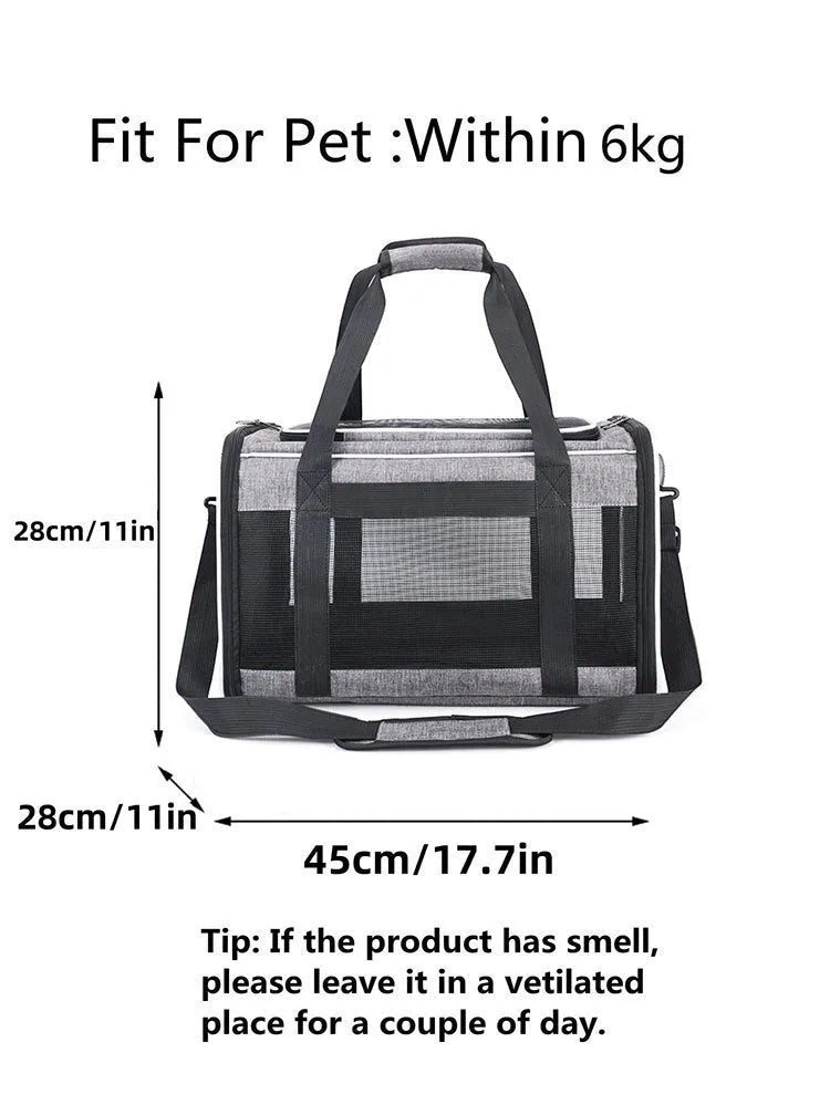 Oxford fabric pet carrier bag for dogs and cats in grey or black with blue edge options
