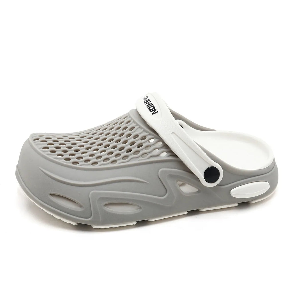 Men's grey closed toe beach slippers with EVA sole and round toe holder design