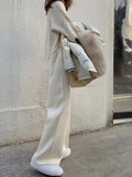 Women's cream white knitted wide-leg high waist trousers for autumn winter casual wear