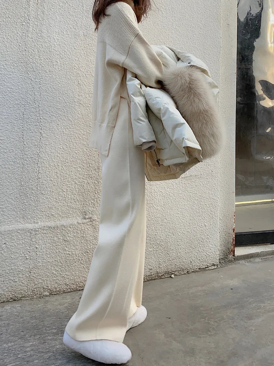 Women's cream white knitted wide-leg high waist trousers for autumn winter casual wear