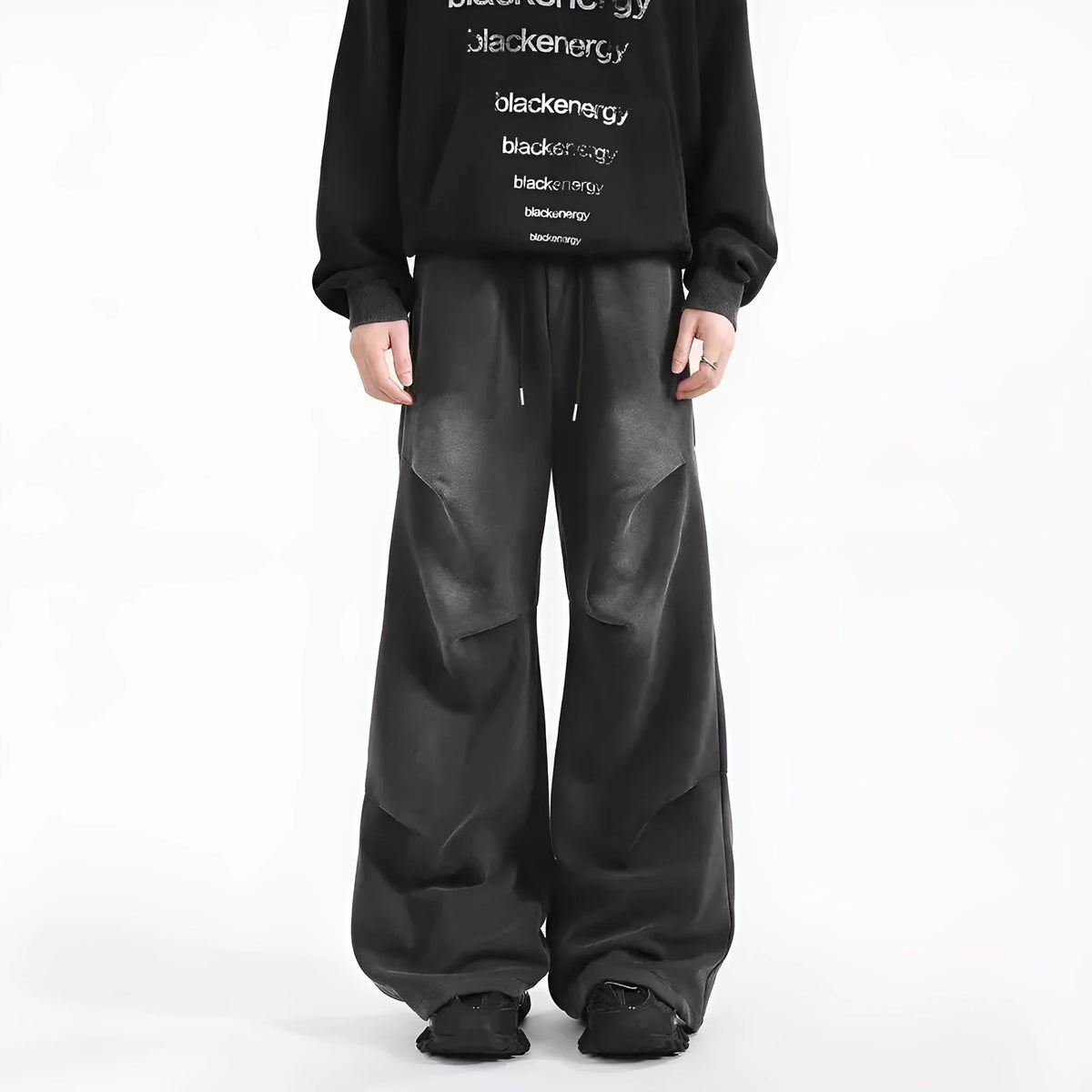 Men's straight loose cotton sweatpants with pleated design, elastic waist, in black and gray, sizes S-XXXL