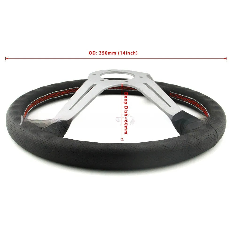 A leather-wrapped 14-inch car steering wheel with a middle concave design, shown with a silver skeleton frame.
