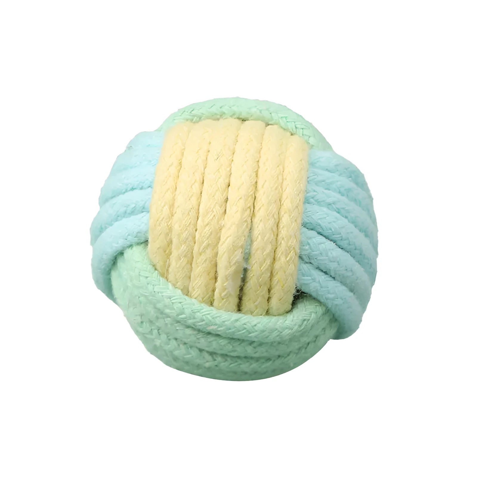 Handmade small blue powder and green plush cotton ball cat toy for teeth grinding.