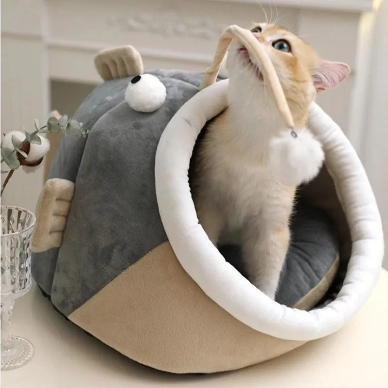 Grey deerskin velvet cat house bed with semi-closed design and removable cushion shown in lantern fish shape