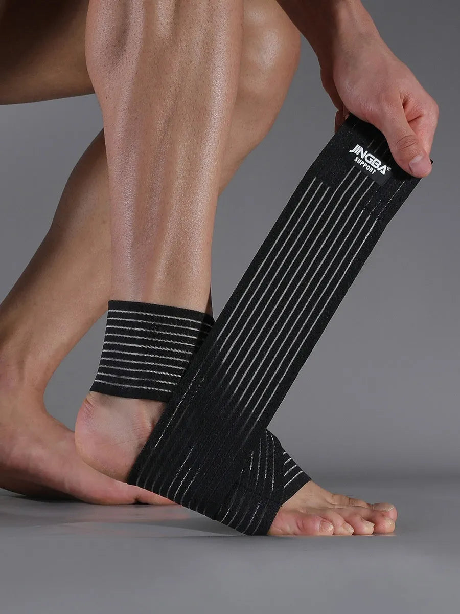 Adjustable black sports ankle support bandage for running, basketball, and athletic activities