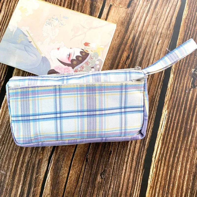 Double-layer canvas stationery bag with striped pattern in square design showing colour grid options