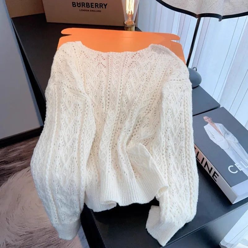 Blue V-neck loose thin cardigan top with flying sleeves and hollow detail, acrylic knit, sizes S to 2XL.