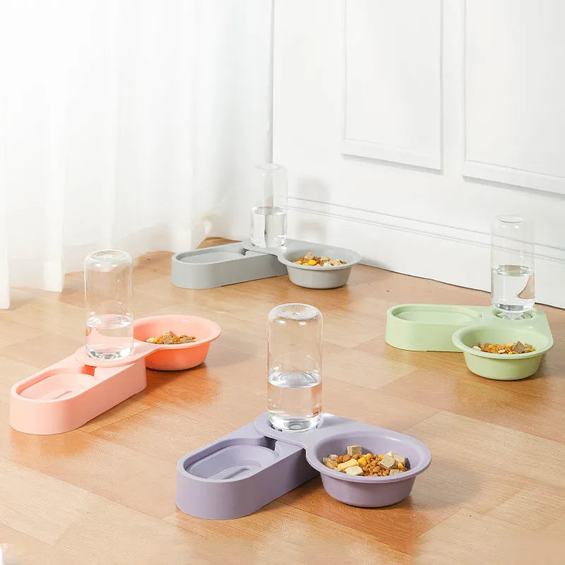 Automatic cat bowl feeder and drinking fountain with water dispenser in pink colour