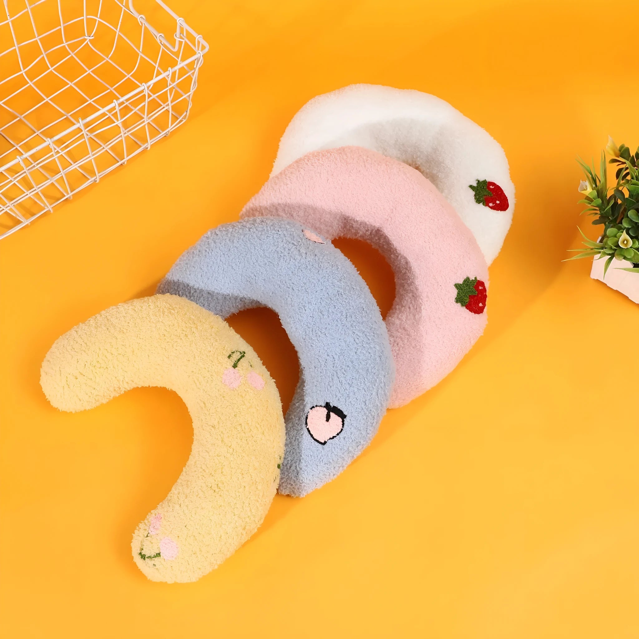 Blue U-shaped half moon cartoon pillow for cats in cage or bed