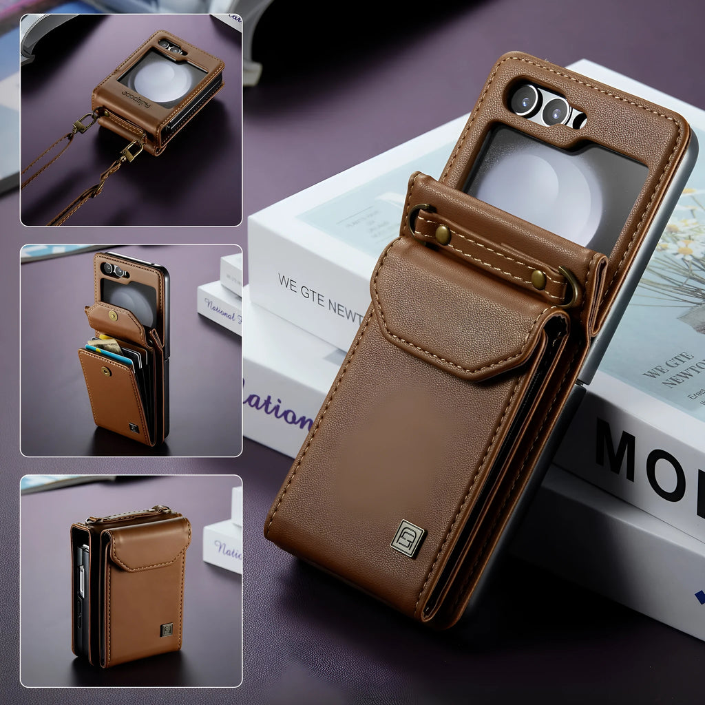Folding three-in-one protective leather phone case for Samsung Galaxy Z Flip 5 and Z Flip 6 in black with bracket and magnetic suction
