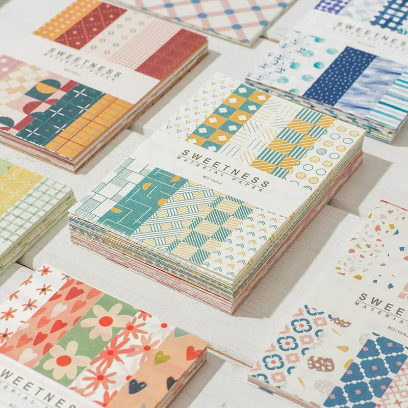 Pack of 50 colourful retro dessert-themed collage note papers, each measuring 56mm by 83mm