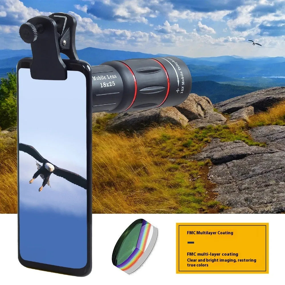 18x high-definition external telephoto lens for mobile phones with clip-on mount and handheld bracket