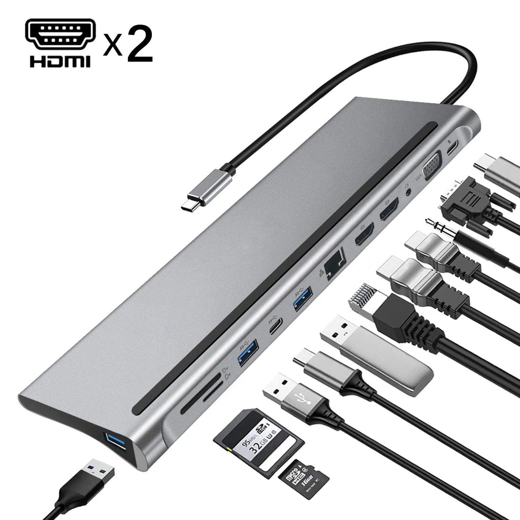Grey 12-in-1 USB-C docking station with USB 3.1 interface and 15cm cable for multi-screen display setup