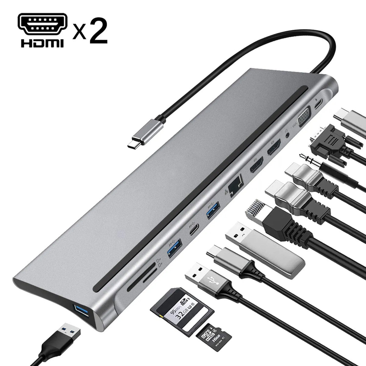 Grey 12-in-1 USB-C docking station with USB 3.1 interface and 15cm cable for multi-screen display setup