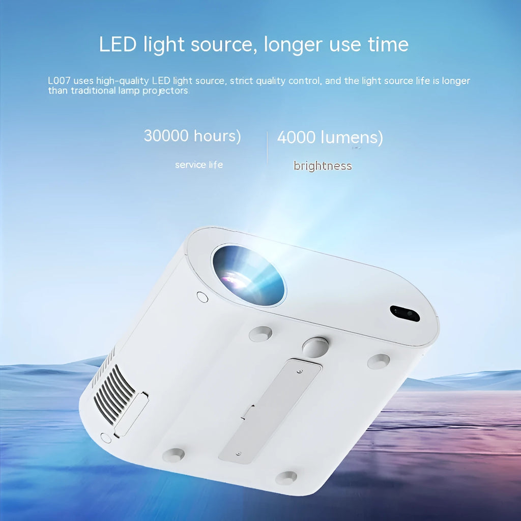 White T07 Full HD 1080p smart projector with remote control on a table.