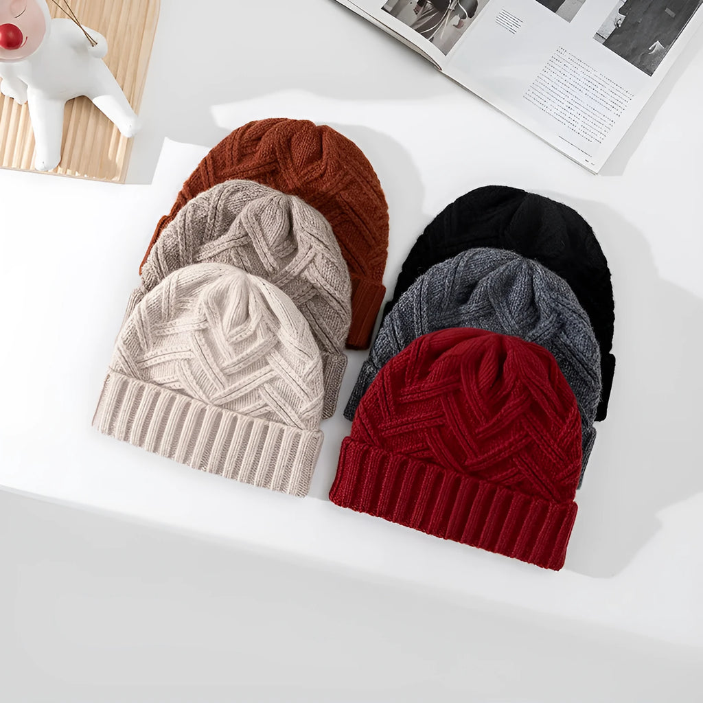 Wool knitted dome crown winter hat with totem pattern in six colour options