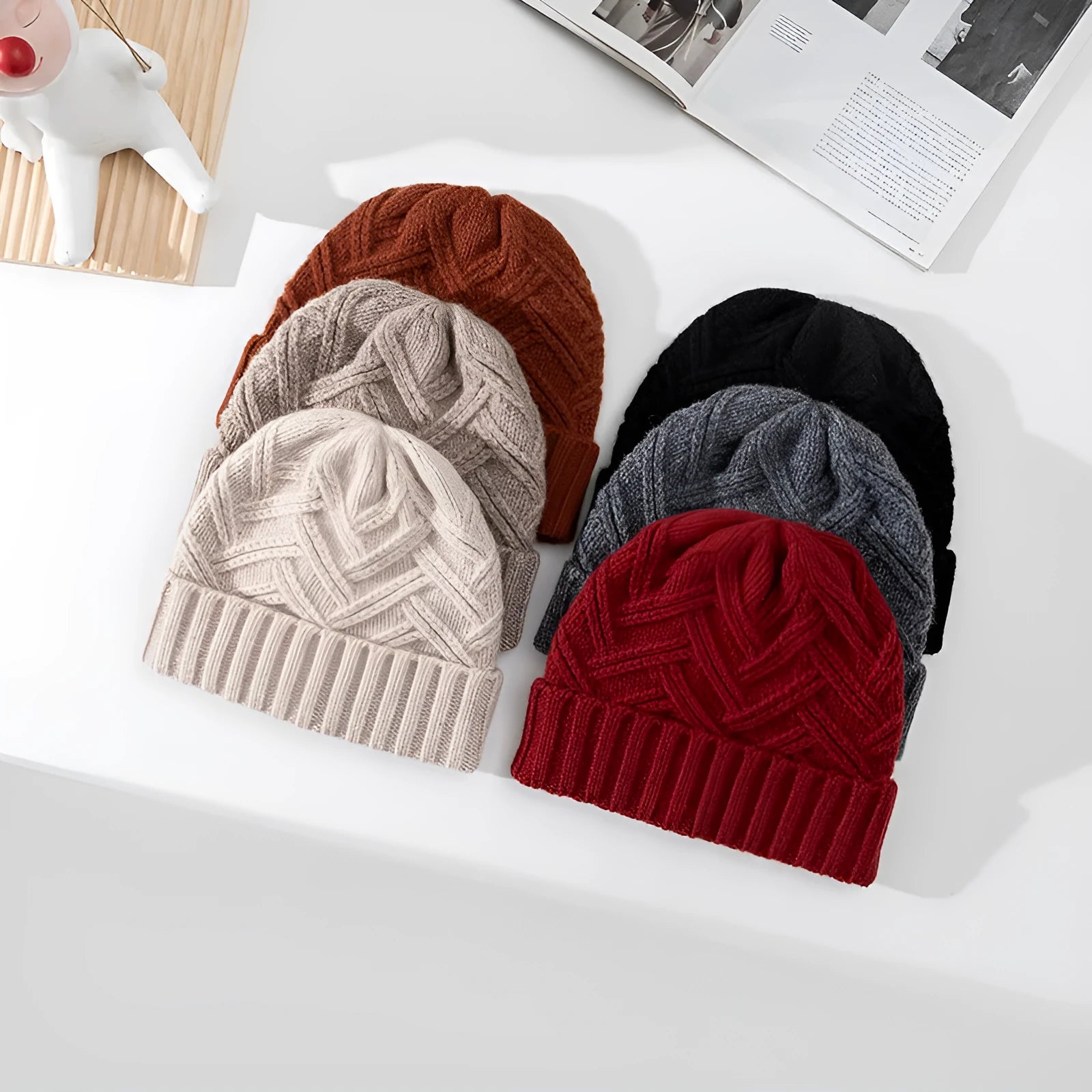 Wool knitted dome crown winter hat with totem pattern in six colour options
