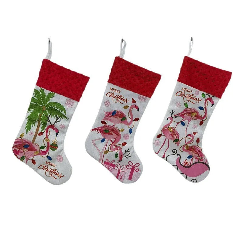 Flamingo design cloth Christmas stocking, 46cm long, in one of three colourful American styles.