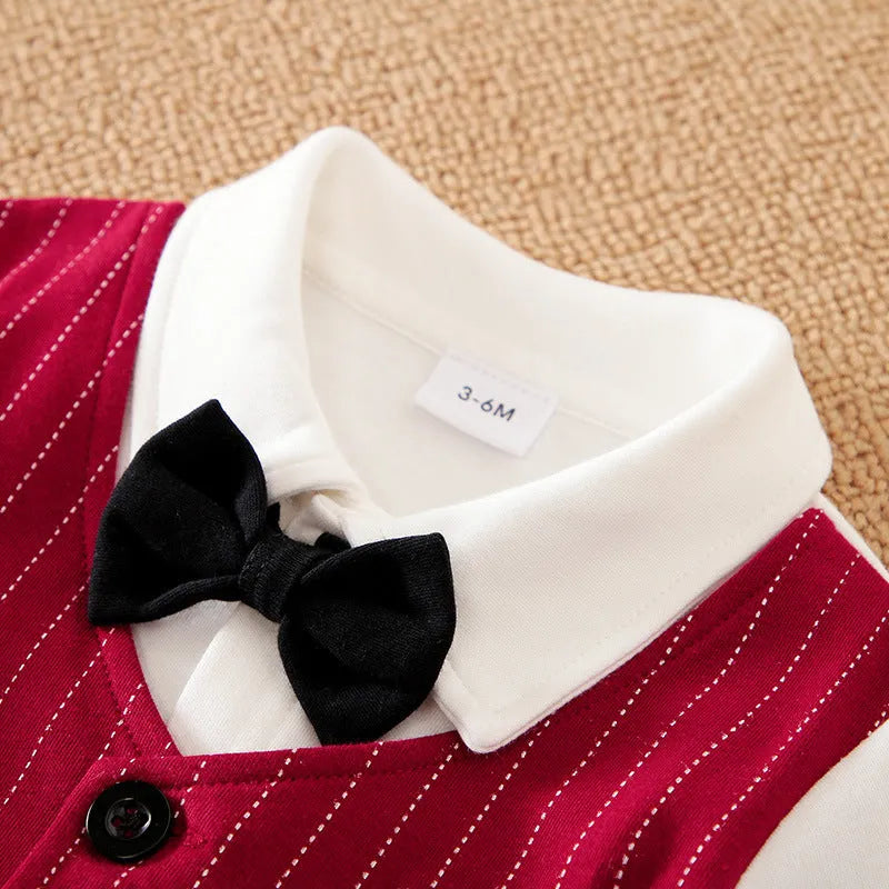 Wine red long sleeve cotton romper suit for a baby boy, shown in a gentleman style.