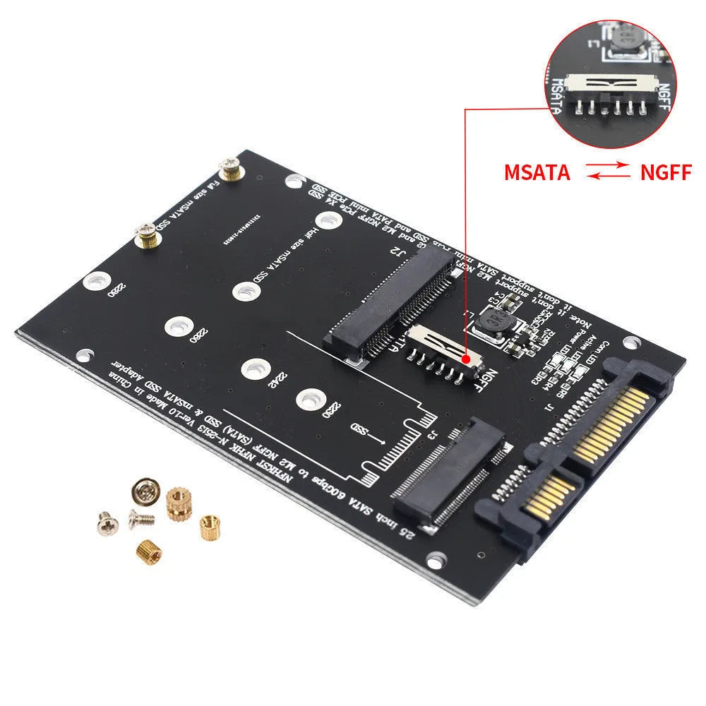 Black and blue SATA3 to M.2 NGFF mSATA SSD conversion adapter card on a white background.