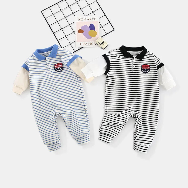 Striped baby onesie in cotton with pullover style available in blue or black