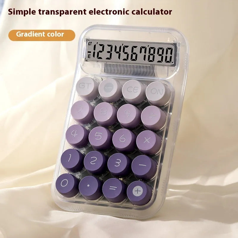 Gradient colour mechanical keyboard calculator with LCD screen on ABS plastic casing.