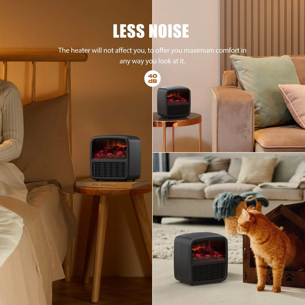 Black or white desktop electric space heater, 220x220x150mm, with ceramic heating, 1000-1500W power, and LED flame effect.