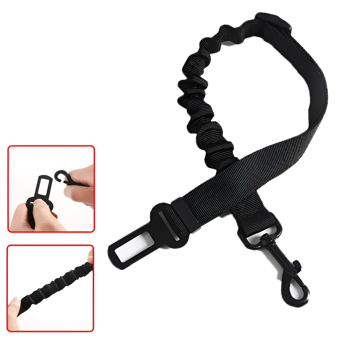Black retractable nylon pet safety rope with metal buckle for vehicle use, 53-74cm length