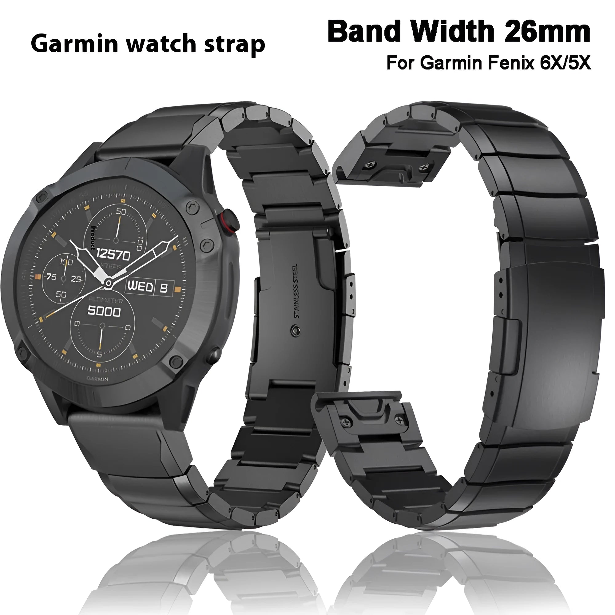 Stainless steel watch band for Garmin Fenix 3 and Fenix 5X in silver, black, gold, or rose gold