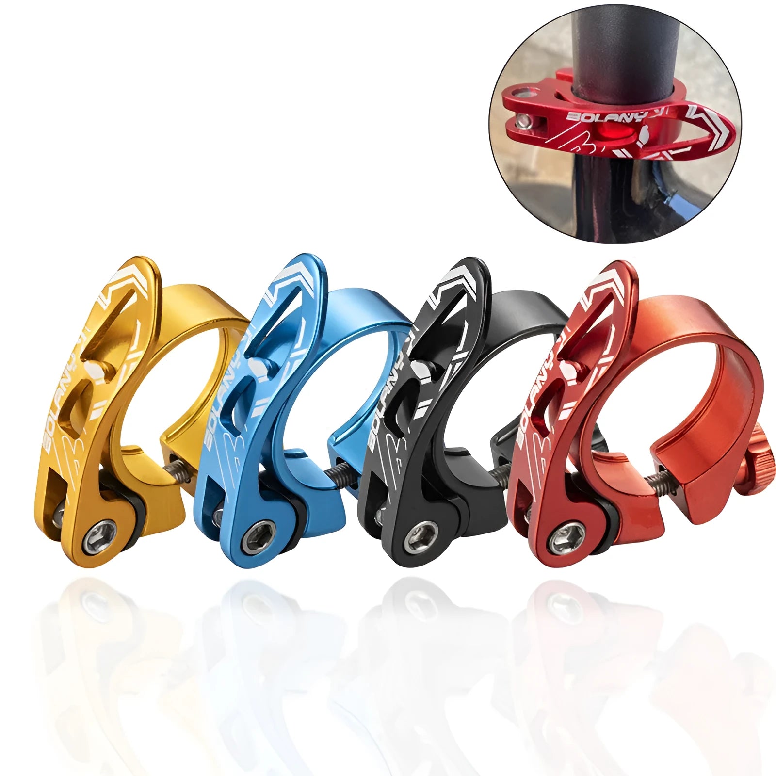 Aluminium alloy bicycle seat post clamp in black, blue, gold, or red colour with 31.8mm or 34.9mm diameter options