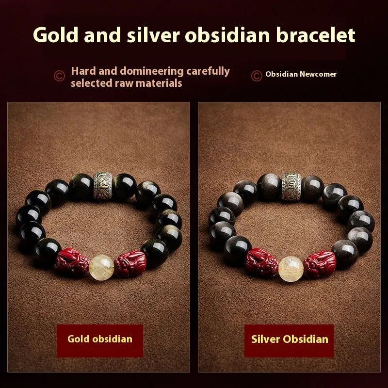 Hand-carved natural cinnabar bead bracelet with Jinniu animal design in gold or silver obsidian.
