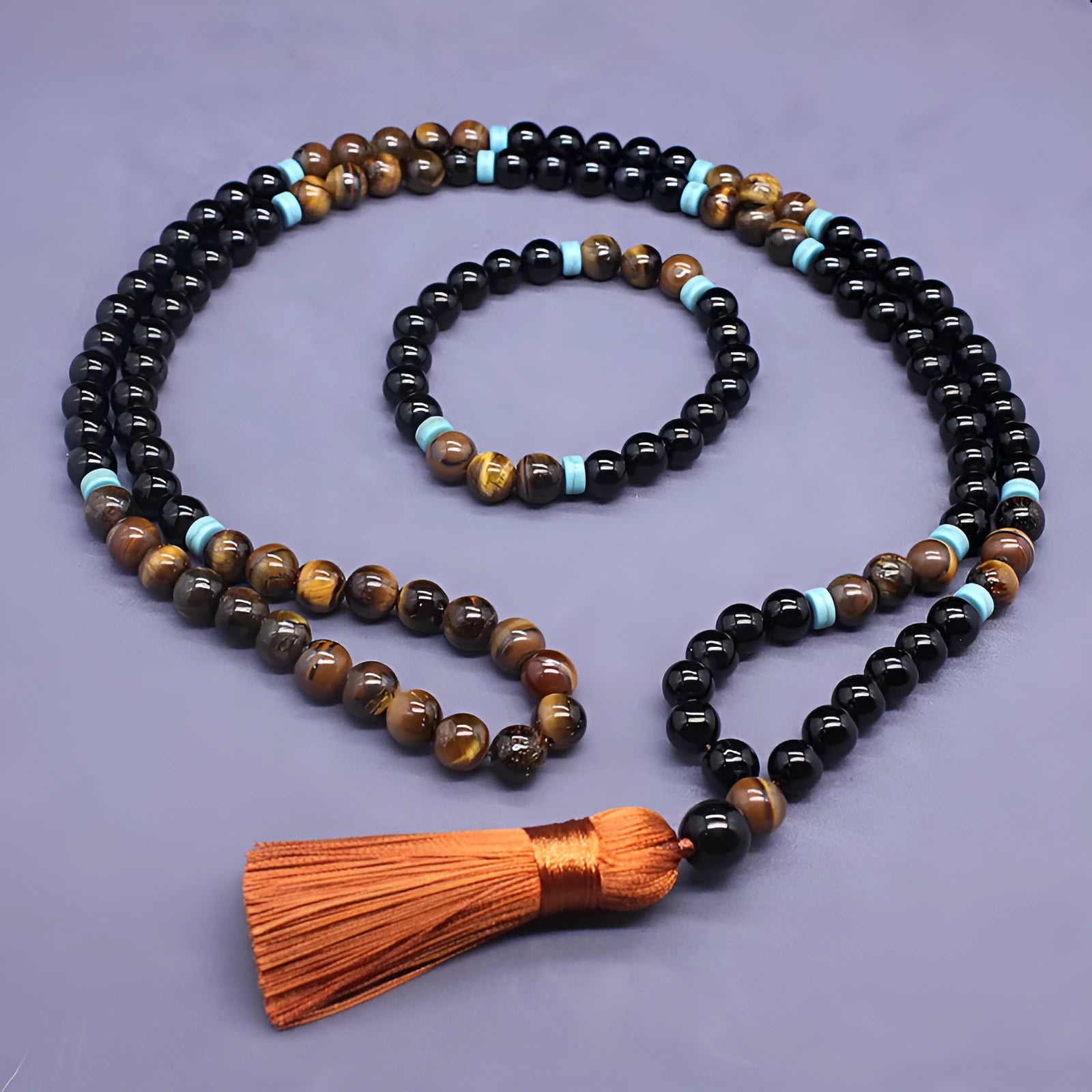 Black agate bracelet and tiger eye necklace set with geometric bead design
