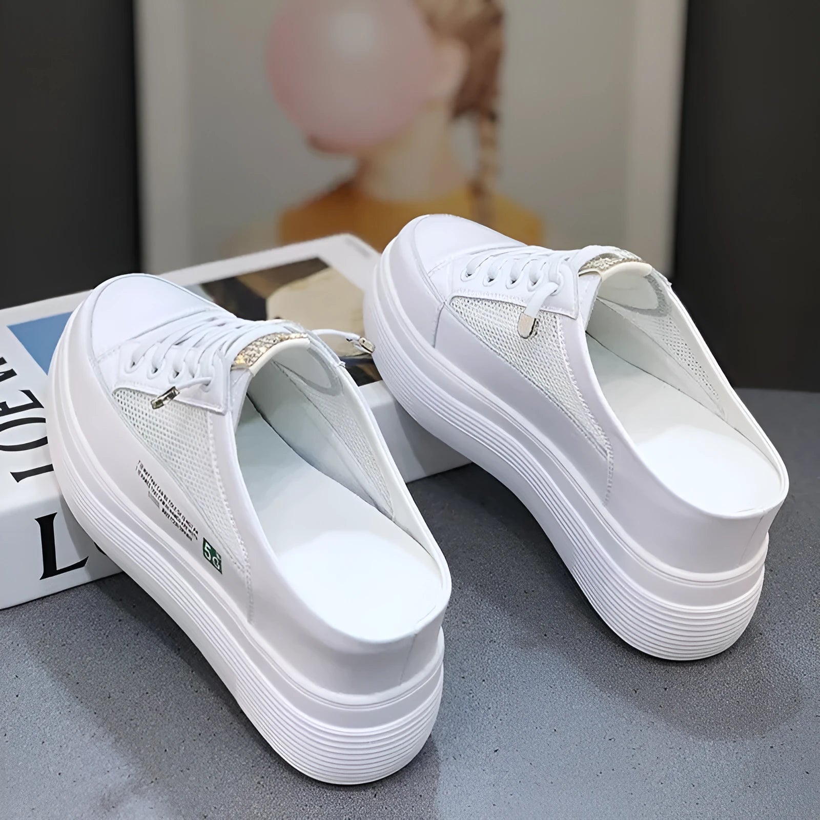 Women's white platform shoes with mesh detail and round toe design