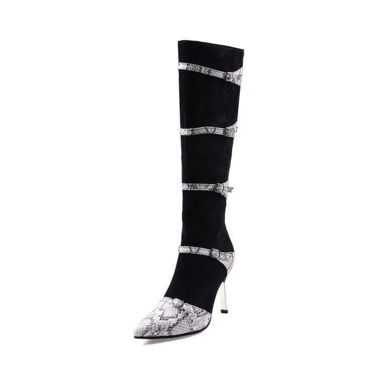 Women's grey knee high stiletto boots with a 9cm heel and pointed toe on a plain background.