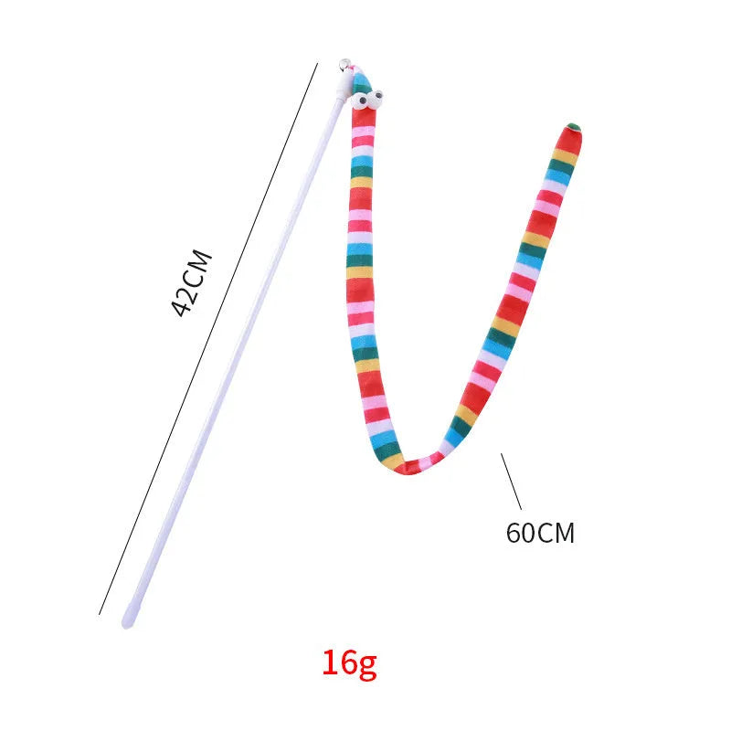 Cat wand toy with polycarbonate handle and long plush strip in vibrant colours, shown with bell attachment.