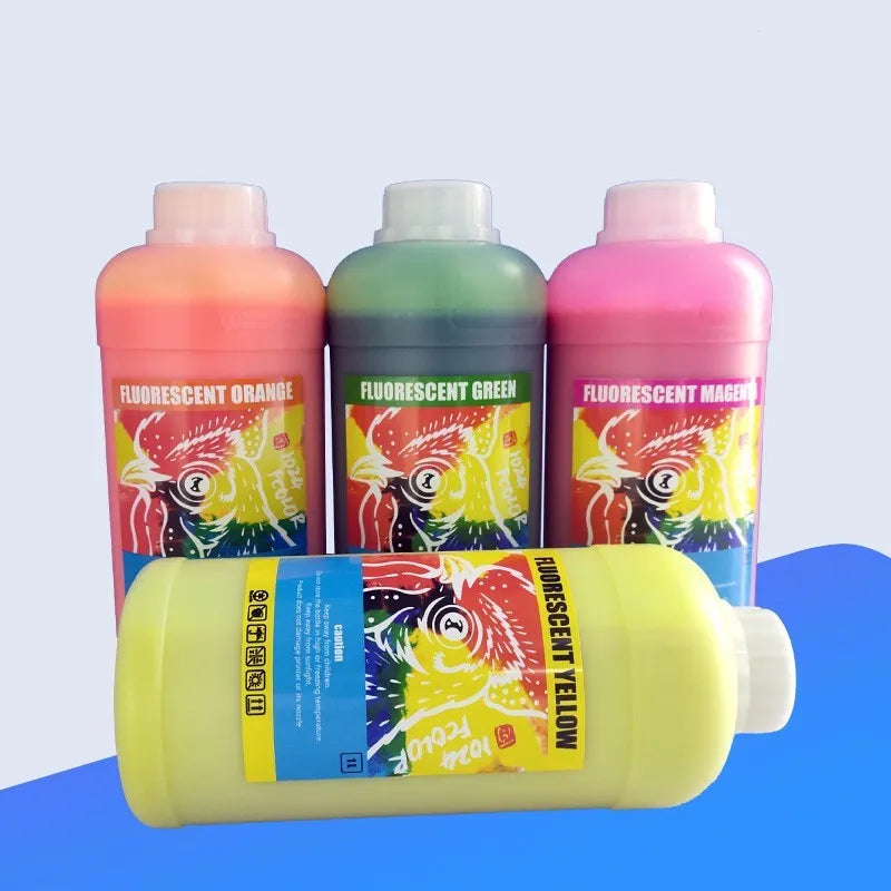 Fluorescent sublimation ink bottles for PET film printing in red, yellow, orange, green colours