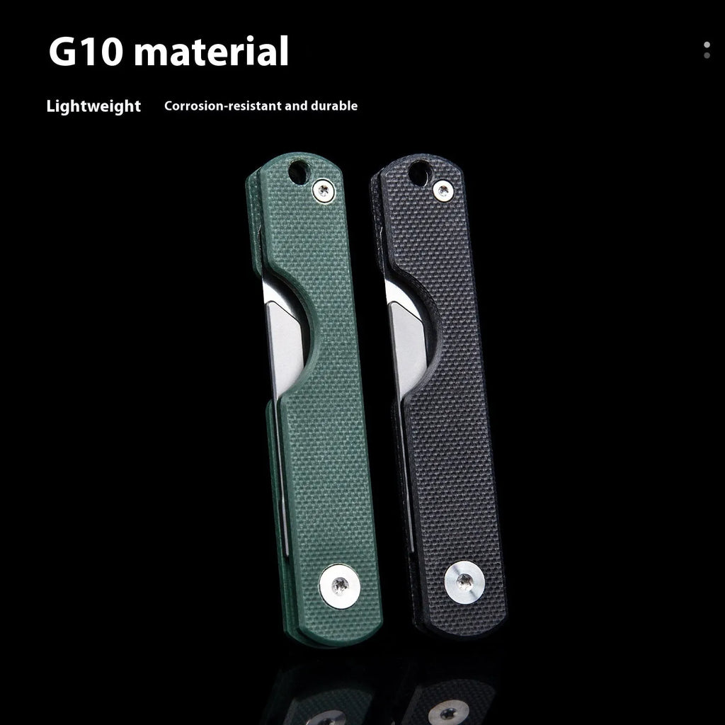 Mini express folding knife keychain with G10 handle, shown in black or green, compact outdoor EDC tool