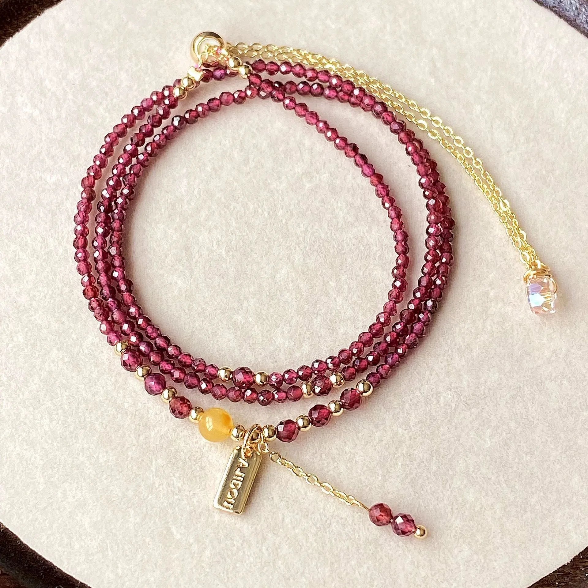 Garnet wine red three circle bracelet necklace with beeswax cut surface detailing