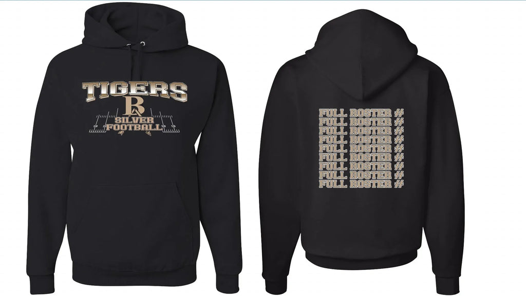 Black drop-shoulder polyester hoodie with long sleeves, simple pullover design.