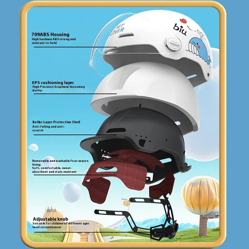 Children's blue ABS breathable helmet with mirror visor for electric bike commuting