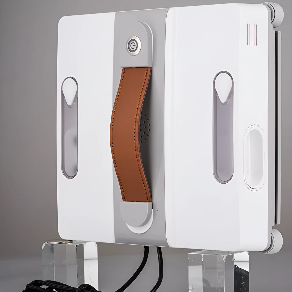 White intelligent window cleaning robot for automated high-rise window washing.